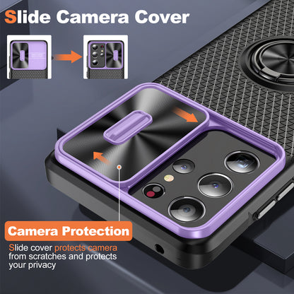 For Samsung Galaxy S21 Ultra 5G PC+TPU Phone Case Ring Kickstand Cover with Slide Camera Lens Protector