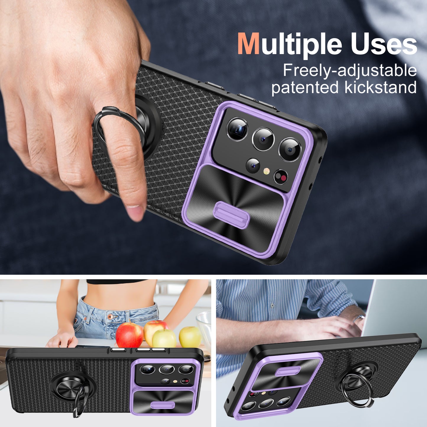 For Samsung Galaxy S21 Ultra 5G PC+TPU Phone Case Ring Kickstand Cover with Slide Camera Lens Protector