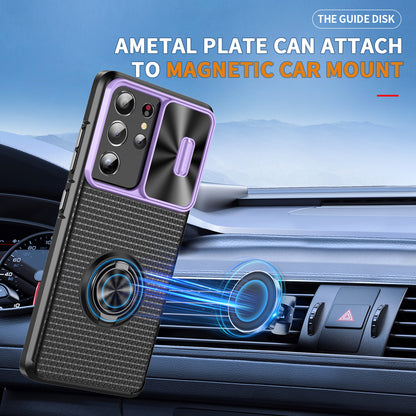 For Samsung Galaxy S21 Ultra 5G PC+TPU Phone Case Ring Kickstand Cover with Slide Camera Lens Protector