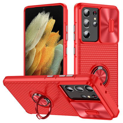 For Samsung Galaxy S21 Ultra 5G PC+TPU Phone Case Ring Kickstand Cover with Slide Camera Lens Protector