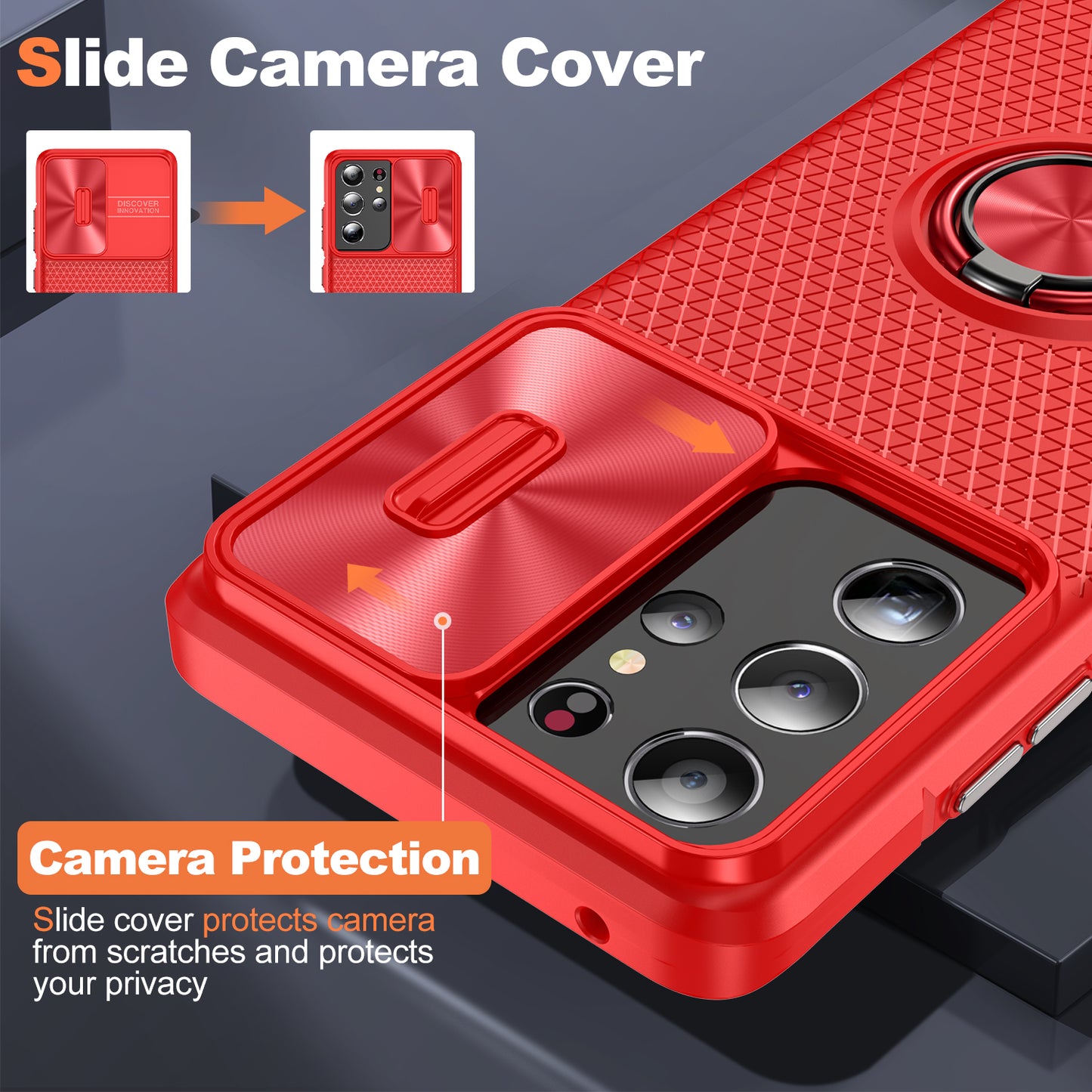 For Samsung Galaxy S21 Ultra 5G PC+TPU Phone Case Ring Kickstand Cover with Slide Camera Lens Protector