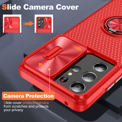 For Samsung Galaxy S21 Ultra 5G PC+TPU Phone Case Ring Kickstand Cover with Slide Camera Lens Protector
