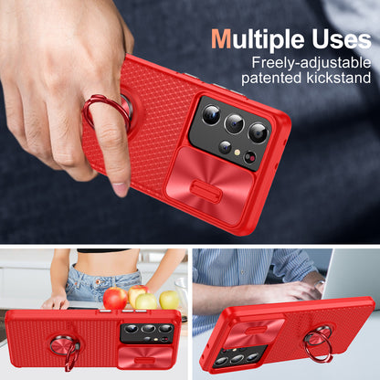 For Samsung Galaxy S21 Ultra 5G PC+TPU Phone Case Ring Kickstand Cover with Slide Camera Lens Protector