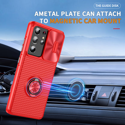 For Samsung Galaxy S21 Ultra 5G PC+TPU Phone Case Ring Kickstand Cover with Slide Camera Lens Protector