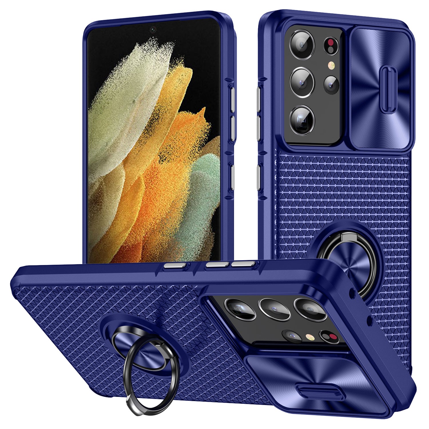 For Samsung Galaxy S21 Ultra 5G PC+TPU Phone Case Ring Kickstand Cover with Slide Camera Lens Protector