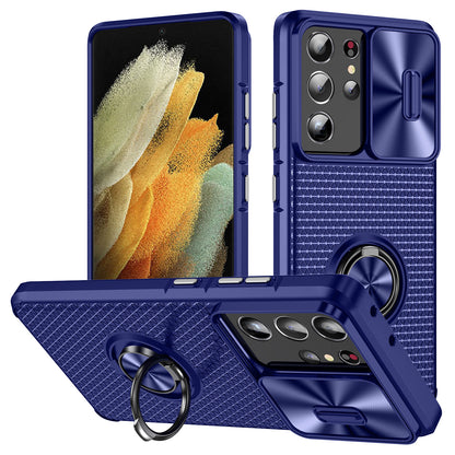 For Samsung Galaxy S21 Ultra 5G PC+TPU Phone Case Ring Kickstand Cover with Slide Camera Lens Protector