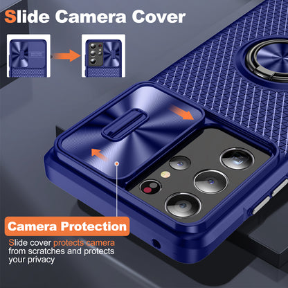 For Samsung Galaxy S21 Ultra 5G PC+TPU Phone Case Ring Kickstand Cover with Slide Camera Lens Protector