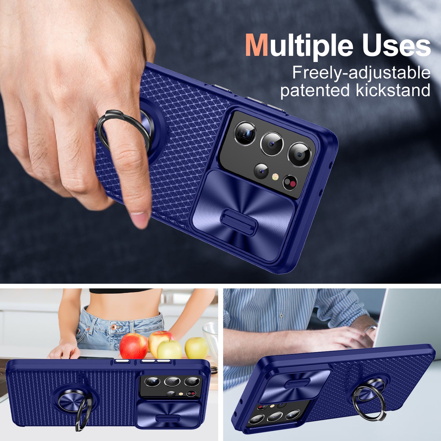 For Samsung Galaxy S21 Ultra 5G PC+TPU Phone Case Ring Kickstand Cover with Slide Camera Lens Protector