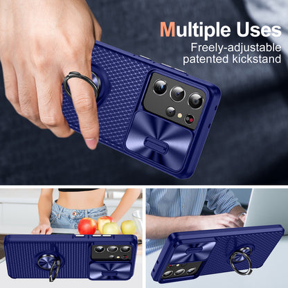 For Samsung Galaxy S21 Ultra 5G PC+TPU Phone Case Ring Kickstand Cover with Slide Camera Lens Protector