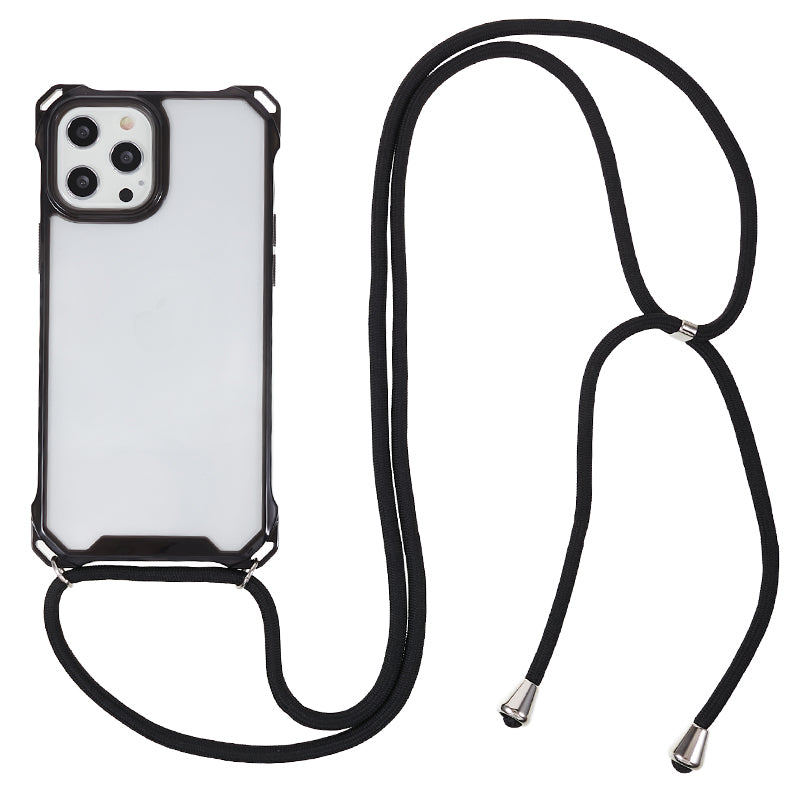 For iPhone 12 / 12 Pro Acrylic + TPU Clear Phone Case Four Corner Anti-Collision Protection Cover with Lanyard