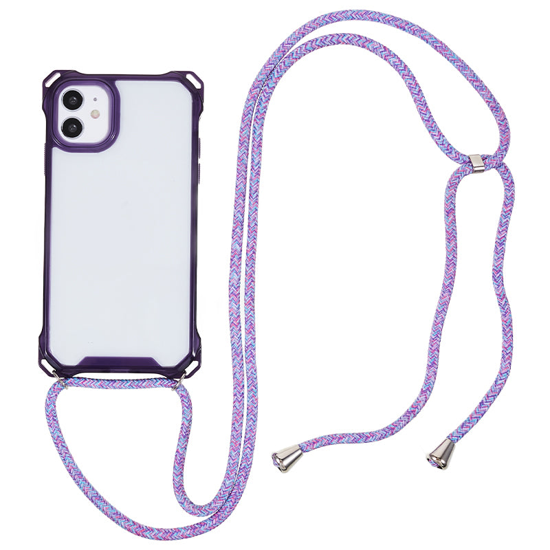 For iPhone 11 Clear Acrylic + TPU Phone Case Four Corners Shock Absorption Cover with Lanyard