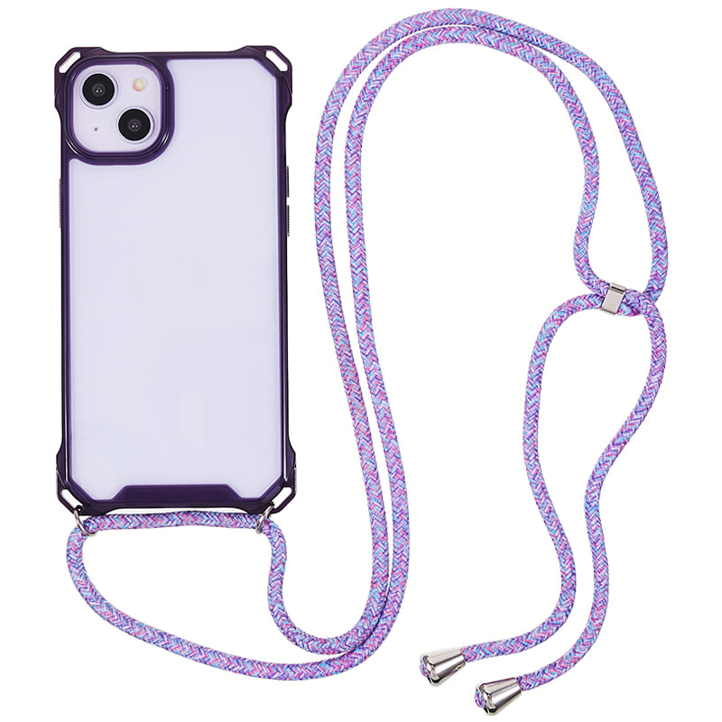 For iPhone 14 / 13 Clear Phone Case Acrylic+TPU Four Corner Anti Drop Cover with Lanyard
