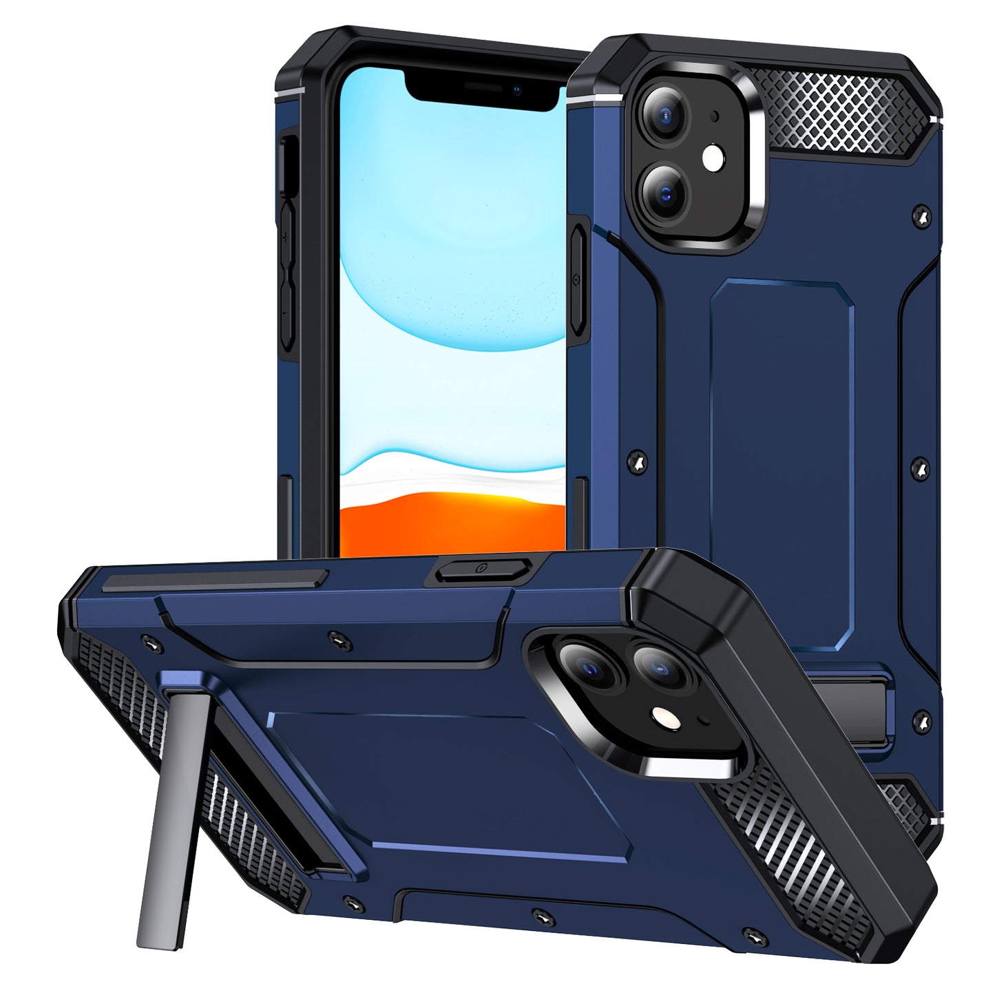 For iPhone 11 Flexible TPU + Hard PC Cover Kickstand Rugged Protective Phone Case