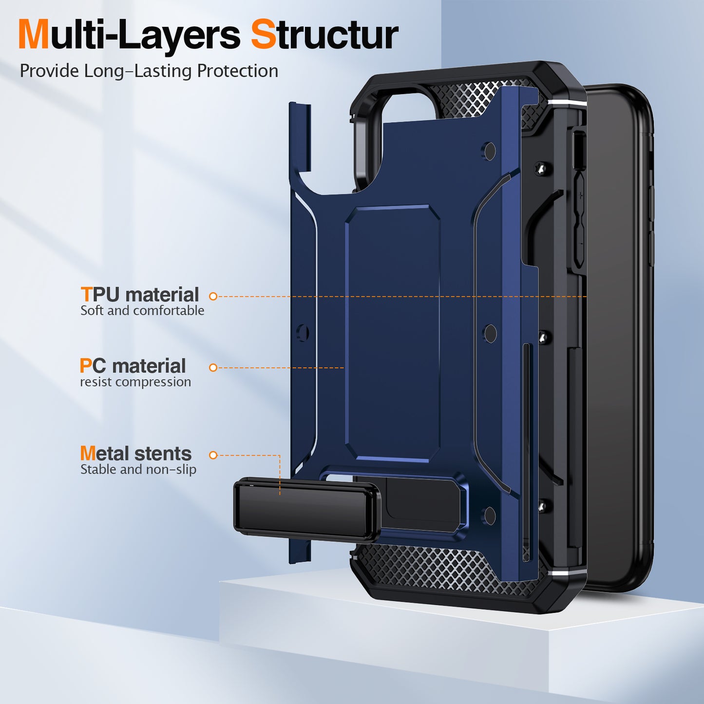 For iPhone 11 Flexible TPU + Hard PC Cover Kickstand Rugged Protective Phone Case