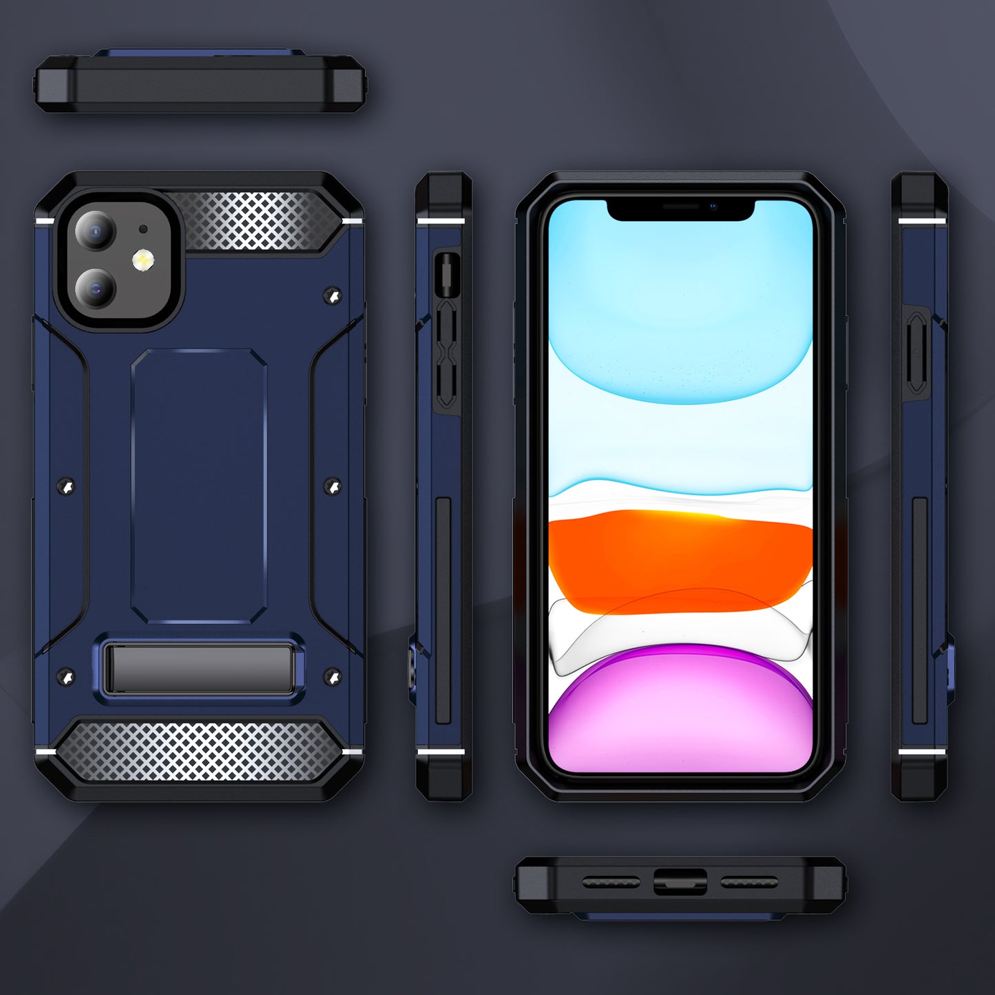 For iPhone 11 Flexible TPU + Hard PC Cover Kickstand Rugged Protective Phone Case