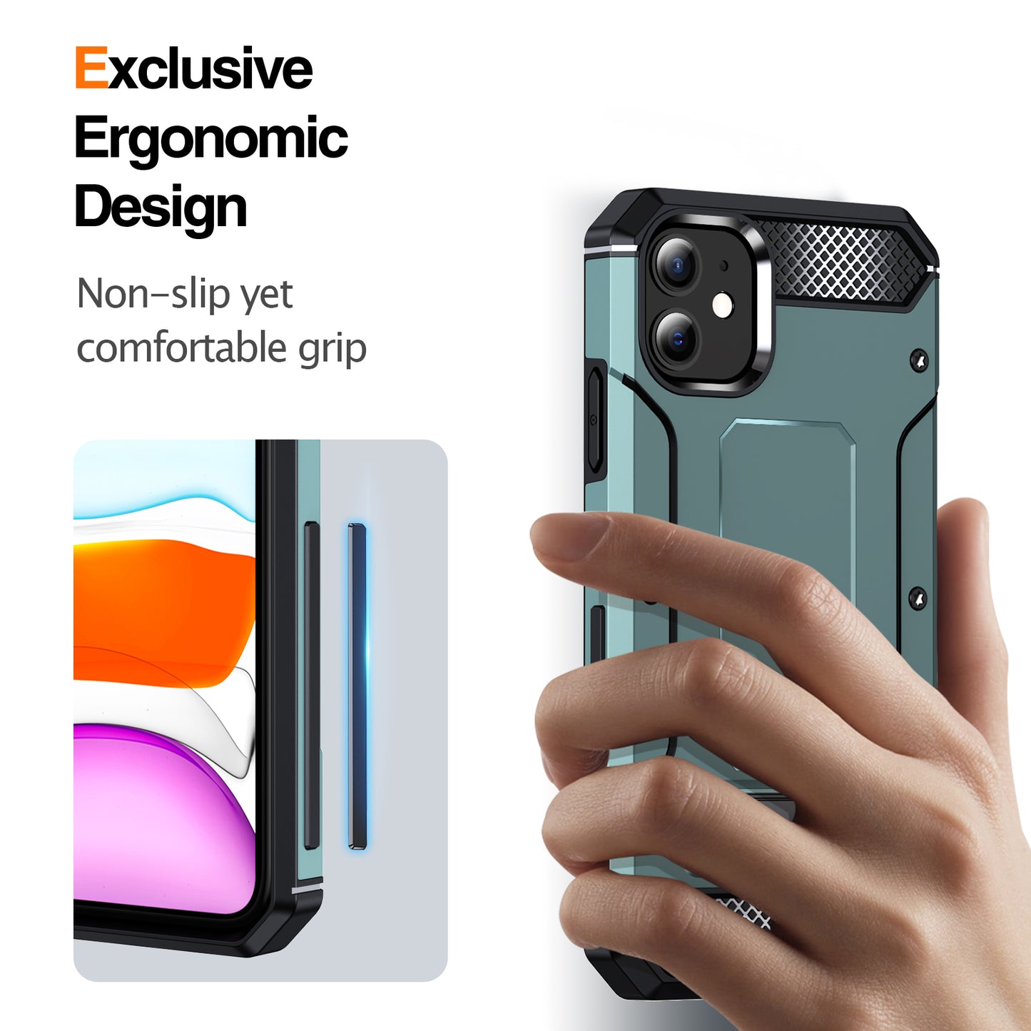 For iPhone 11 Flexible TPU + Hard PC Cover Kickstand Rugged Protective Phone Case