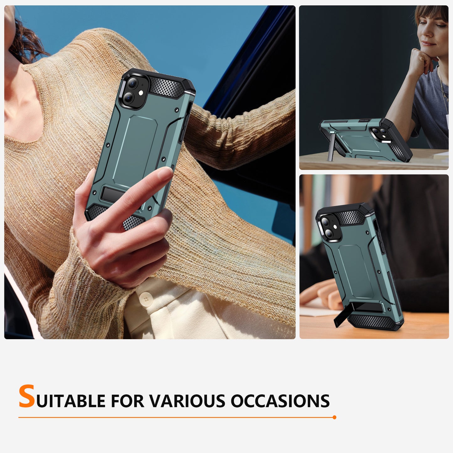 For iPhone 11 Flexible TPU + Hard PC Cover Kickstand Rugged Protective Phone Case