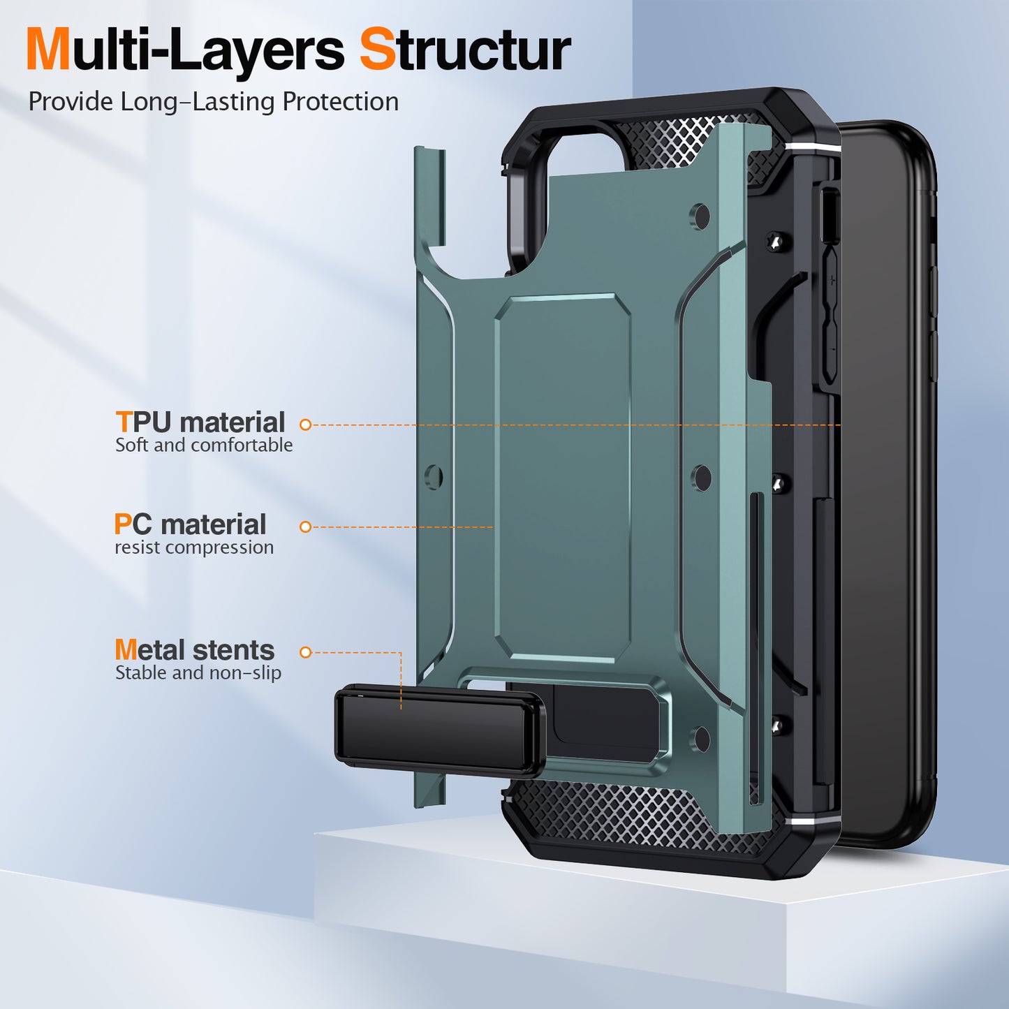 For iPhone 11 Flexible TPU + Hard PC Cover Kickstand Rugged Protective Phone Case