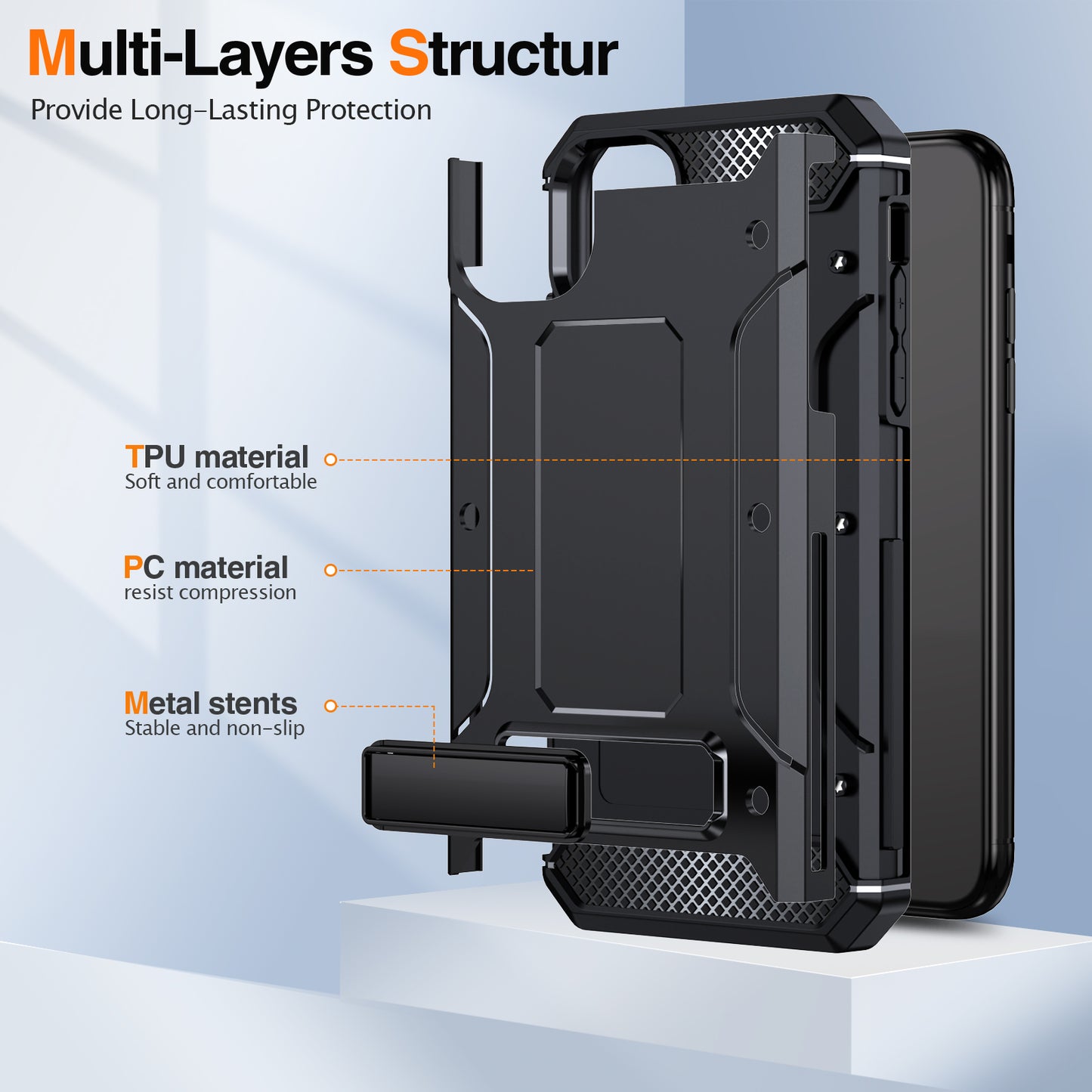 For iPhone 11 Flexible TPU + Hard PC Cover Kickstand Rugged Protective Phone Case