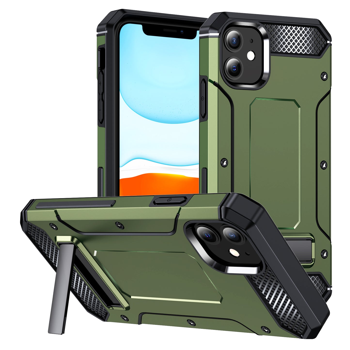 For iPhone 11 Flexible TPU + Hard PC Cover Kickstand Rugged Protective Phone Case