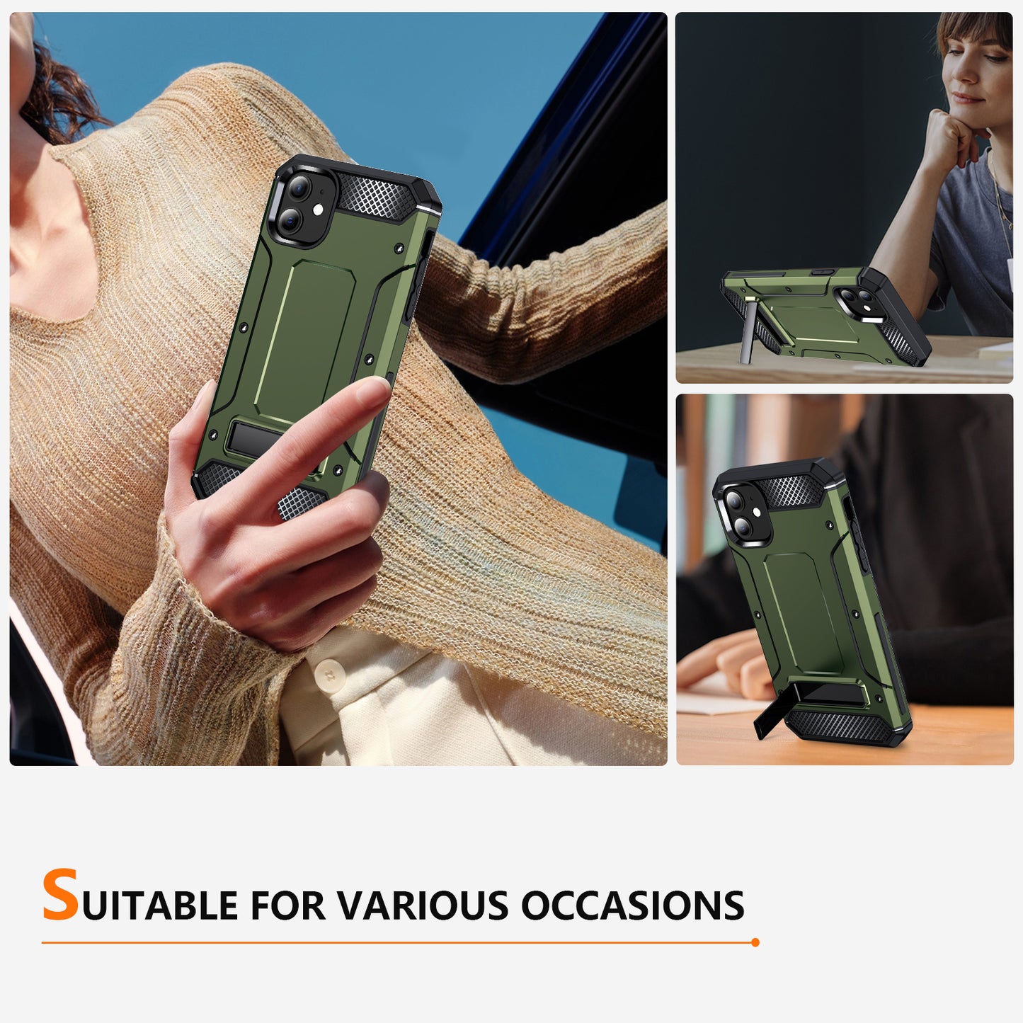 For iPhone 11 Flexible TPU + Hard PC Cover Kickstand Rugged Protective Phone Case