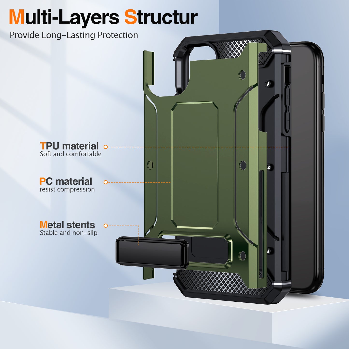 For iPhone 11 Flexible TPU + Hard PC Cover Kickstand Rugged Protective Phone Case