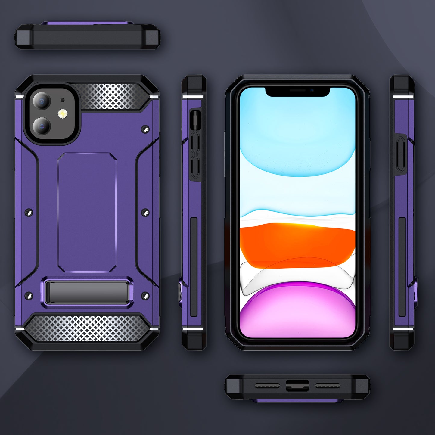 For iPhone 11 Flexible TPU + Hard PC Cover Kickstand Rugged Protective Phone Case