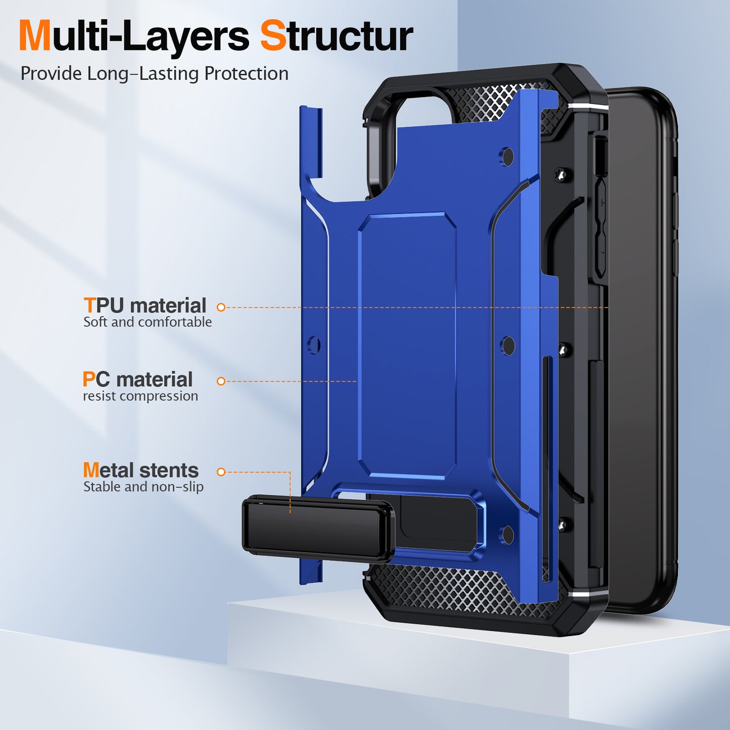 For iPhone 11 Flexible TPU + Hard PC Cover Kickstand Rugged Protective Phone Case