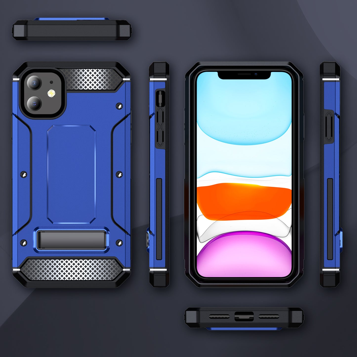 For iPhone 11 Flexible TPU + Hard PC Cover Kickstand Rugged Protective Phone Case