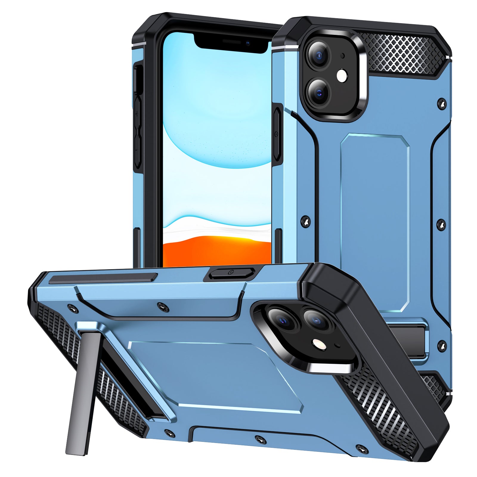 For iPhone 11 Flexible TPU + Hard PC Cover Kickstand Rugged Protective Phone Case