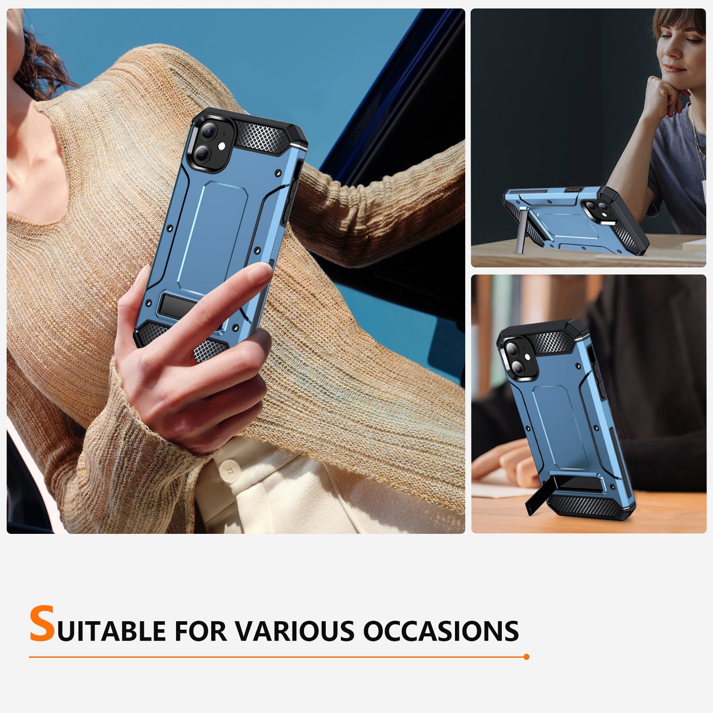 For iPhone 11 Flexible TPU + Hard PC Cover Kickstand Rugged Protective Phone Case