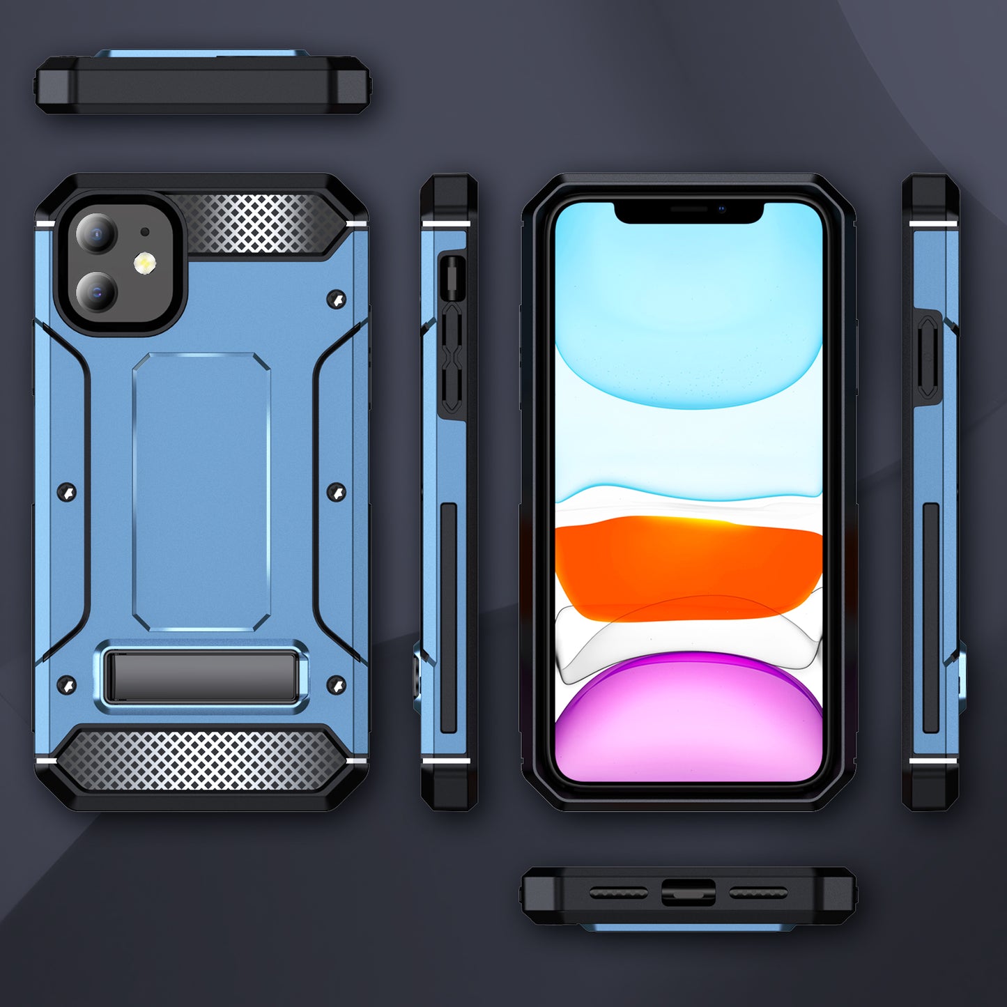 For iPhone 11 Flexible TPU + Hard PC Cover Kickstand Rugged Protective Phone Case