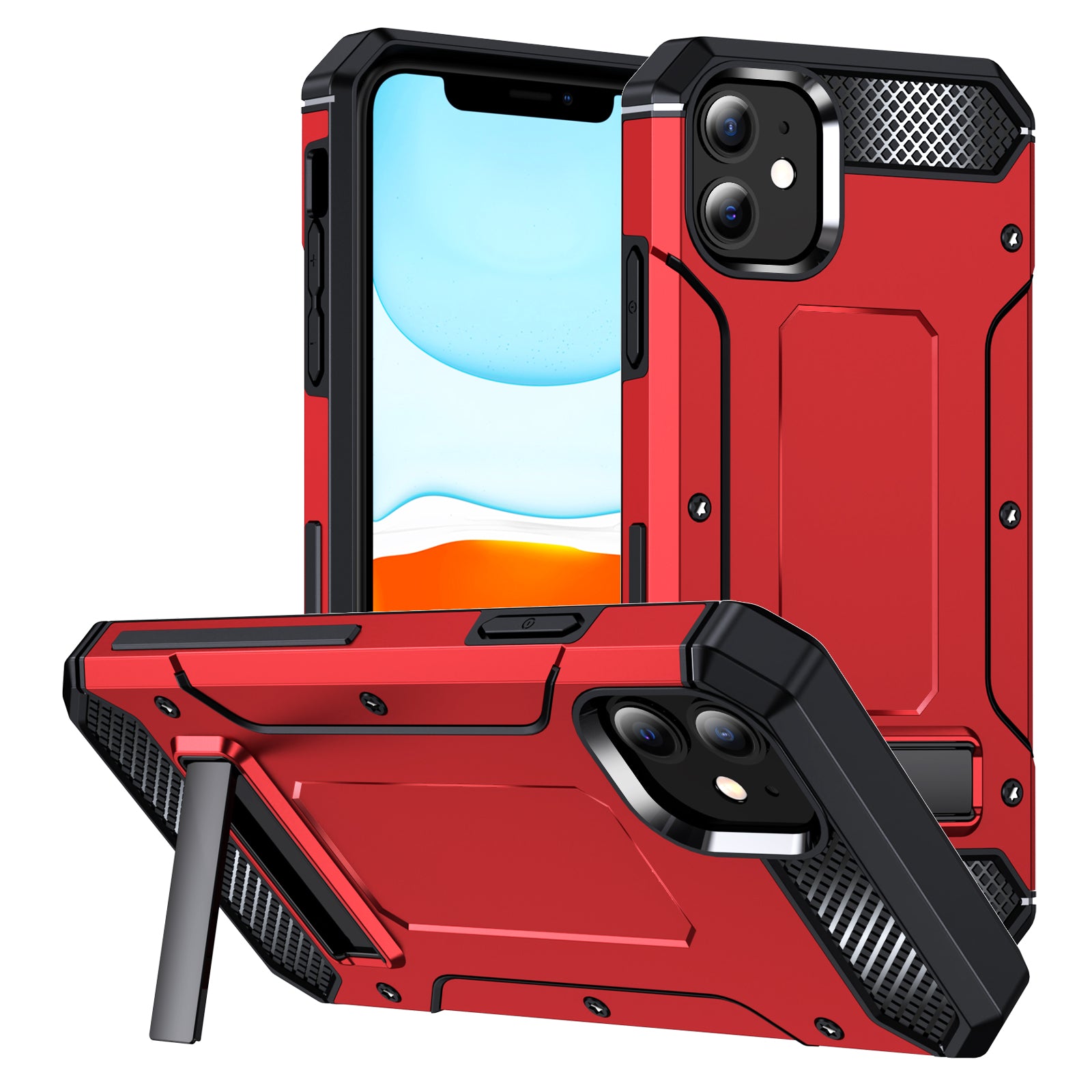 For iPhone 11 Flexible TPU + Hard PC Cover Kickstand Rugged Protective Phone Case