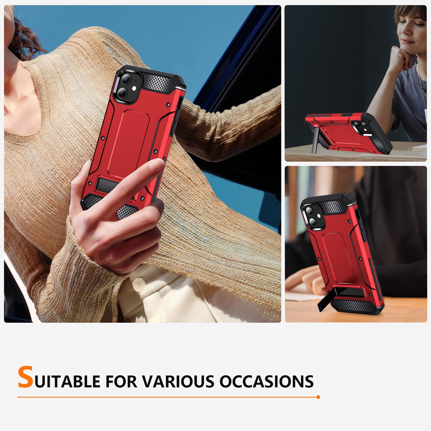 For iPhone 11 Flexible TPU + Hard PC Cover Kickstand Rugged Protective Phone Case