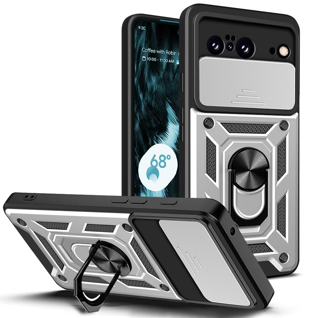 For Google Pixel 8 Camera Lens Slide Design Shockproof Phone Case PC+TPU Kickstand Cover