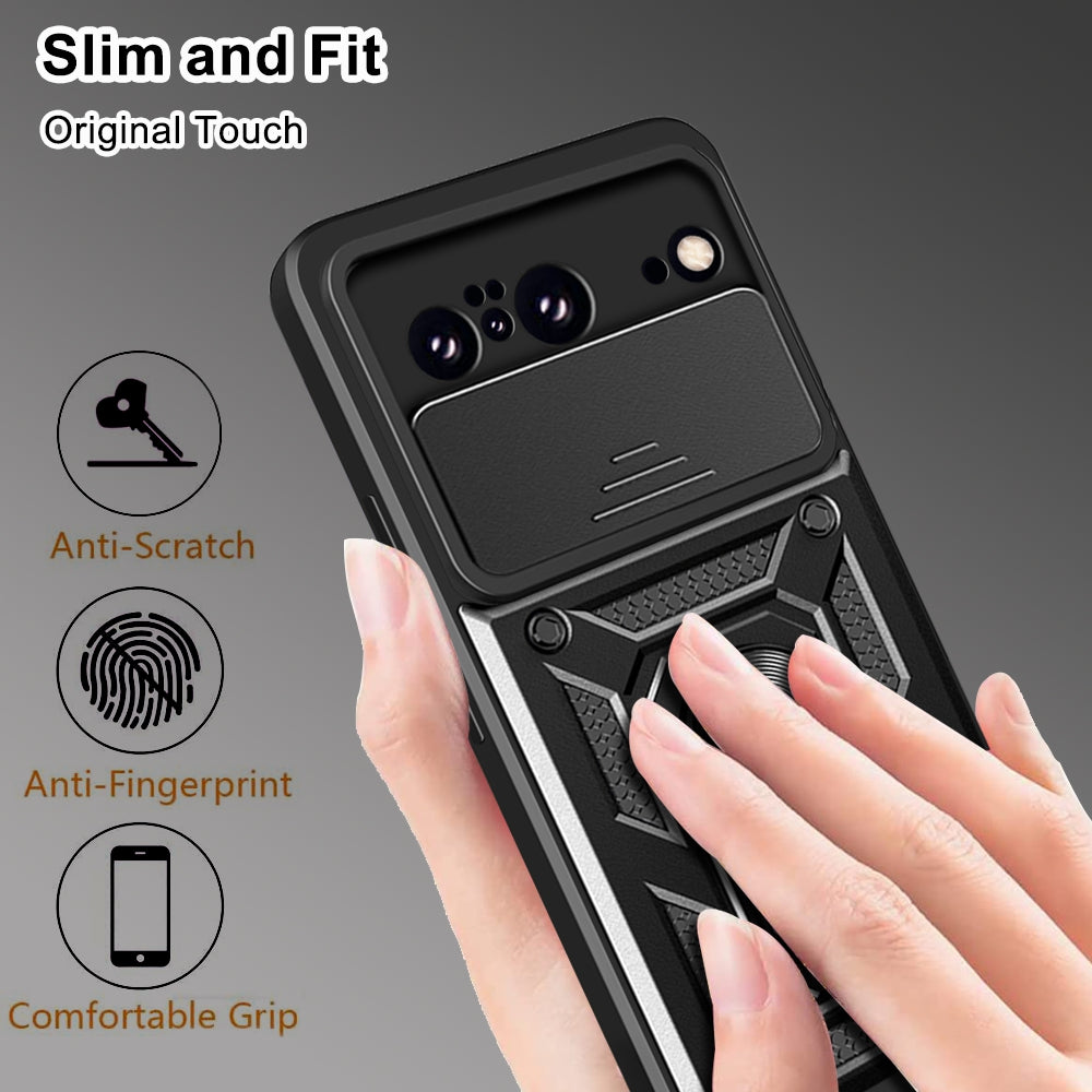 For Google Pixel 8 Camera Lens Slide Design Shockproof Phone Case PC+TPU Kickstand Cover