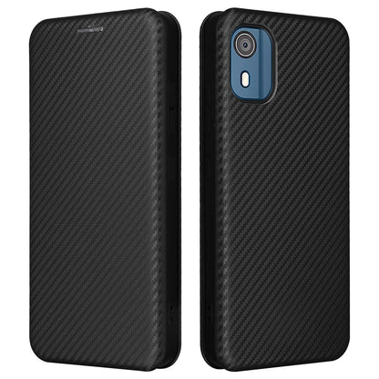 For Nokia C02 Card Holder PU Leather+TPU Phone Case Carbon Fiber Texture Stand Cover