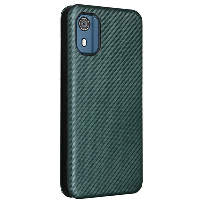 For Nokia C02 Card Holder PU Leather+TPU Phone Case Carbon Fiber Texture Stand Cover