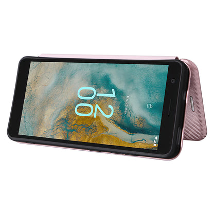 For Nokia C02 Card Holder PU Leather+TPU Phone Case Carbon Fiber Texture Stand Cover