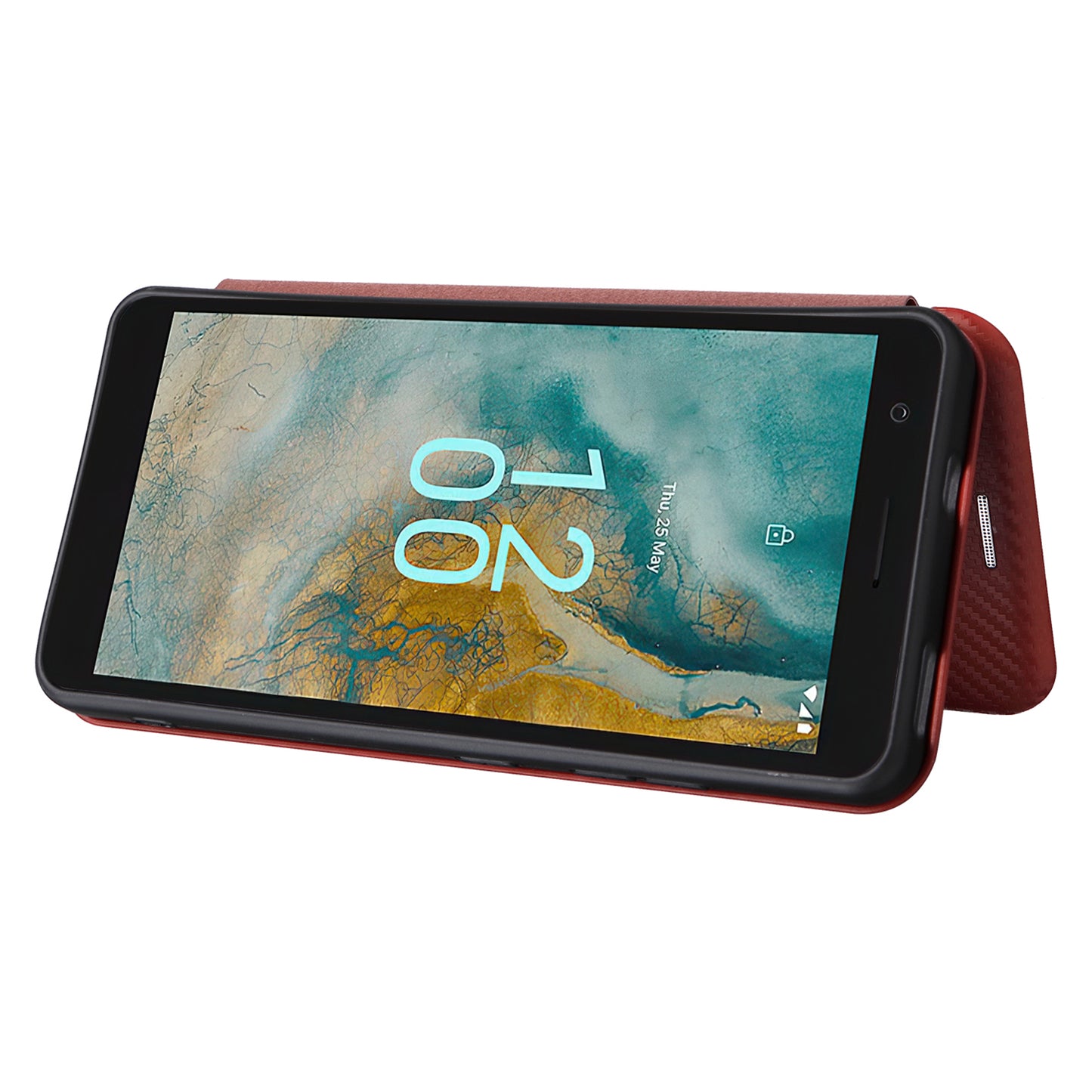 For Nokia C02 Card Holder PU Leather+TPU Phone Case Carbon Fiber Texture Stand Cover