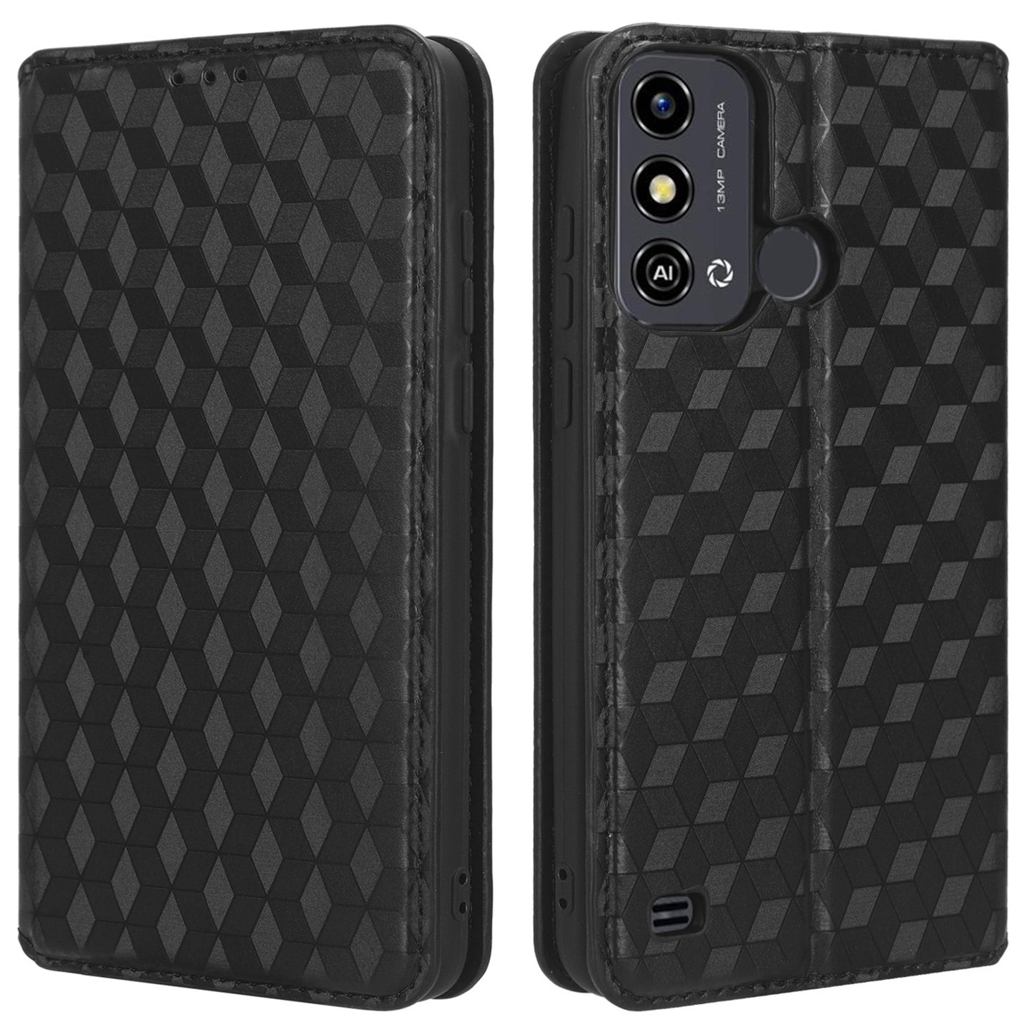 For ZTE Blade A53 / A53+ Rhombus Imprinted Shell PU Leather Stand Case Drop Resistant Phone Cover