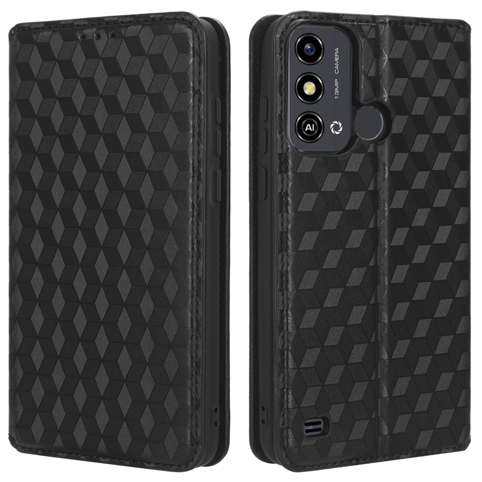 For ZTE Blade A53 / A53+ Rhombus Imprinted Shell PU Leather Stand Case Drop Resistant Phone Cover