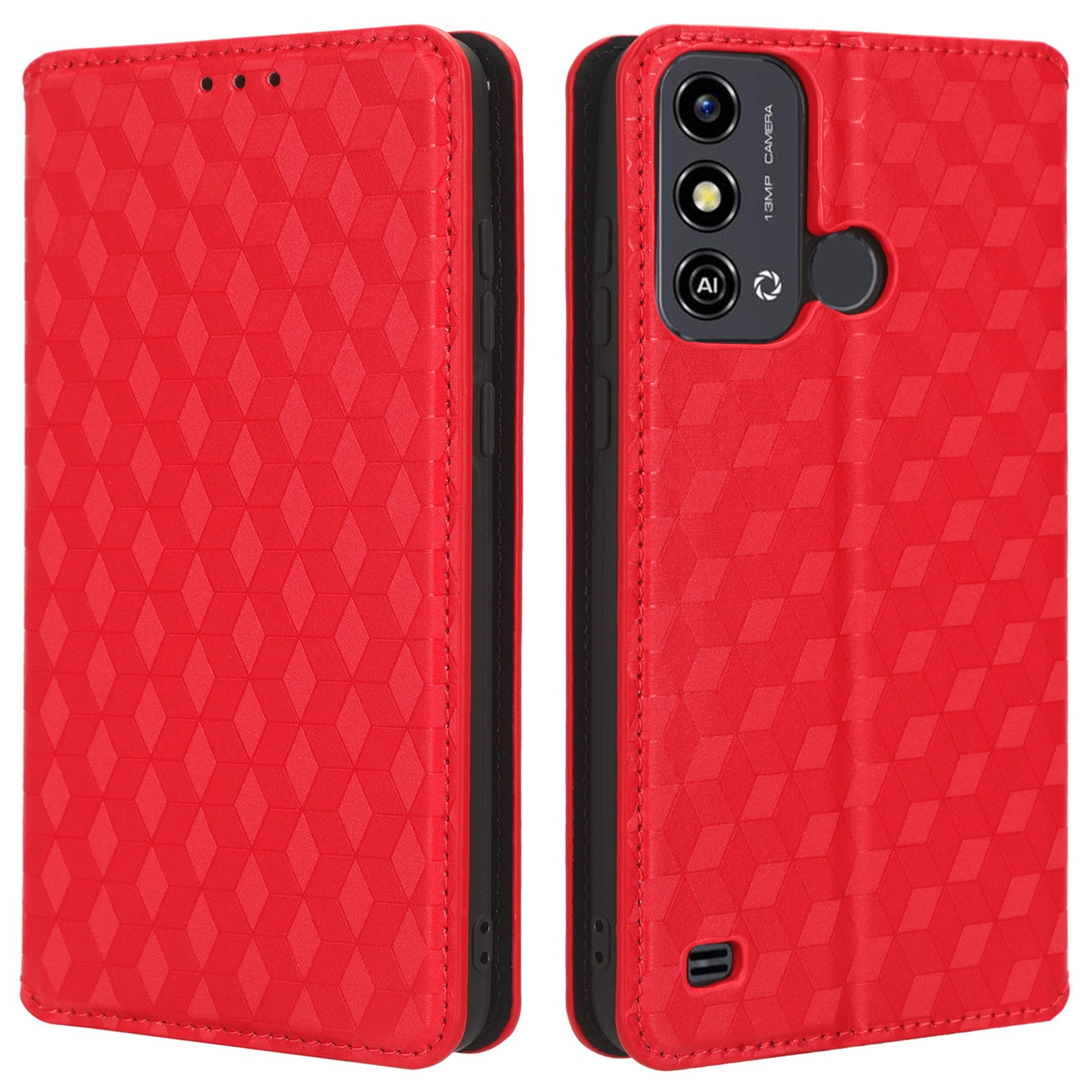 For ZTE Blade A53 / A53+ Rhombus Imprinted Shell PU Leather Stand Case Drop Resistant Phone Cover