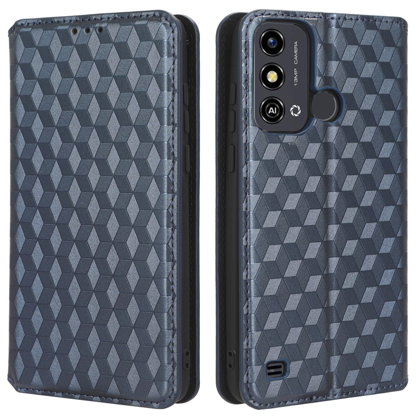 For ZTE Blade A53 / A53+ Rhombus Imprinted Shell PU Leather Stand Case Drop Resistant Phone Cover
