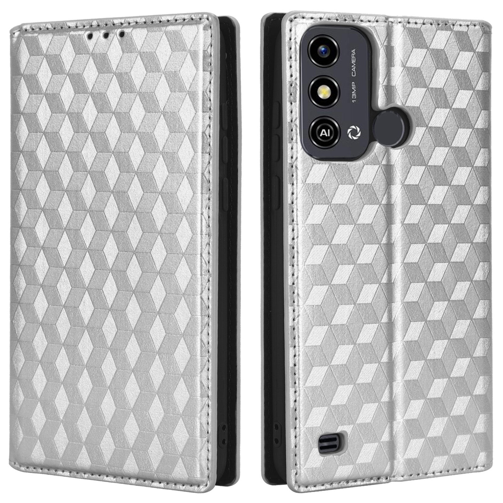 For ZTE Blade A53 / A53+ Rhombus Imprinted Shell PU Leather Stand Case Drop Resistant Phone Cover