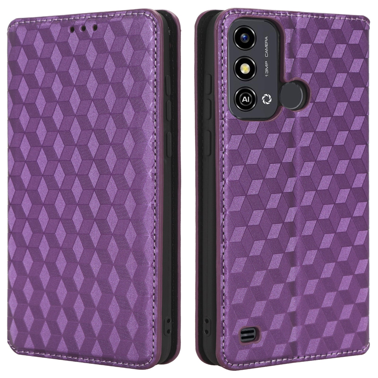 For ZTE Blade A53 / A53+ Rhombus Imprinted Shell PU Leather Stand Case Drop Resistant Phone Cover