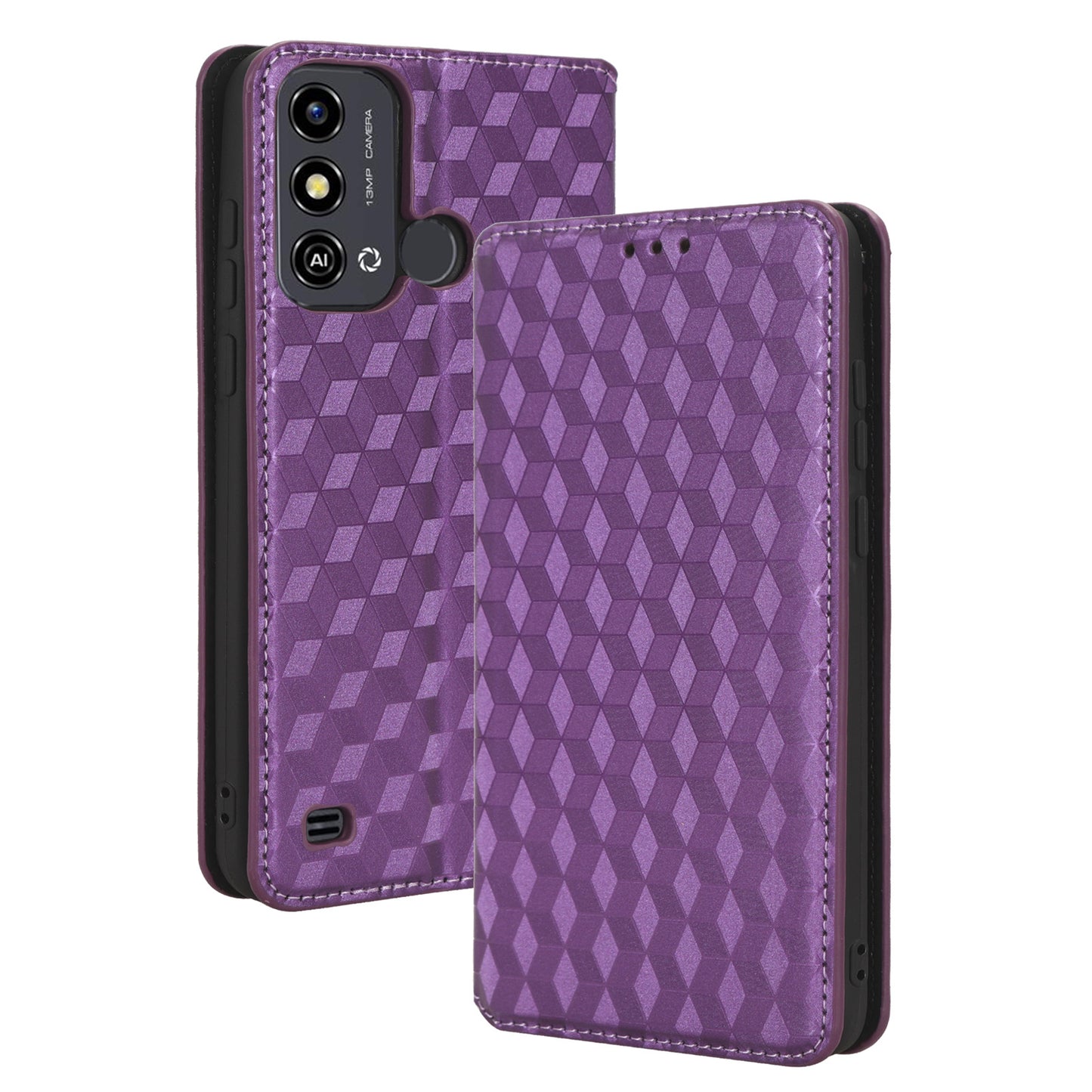 For ZTE Blade A53 / A53+ Rhombus Imprinted Shell PU Leather Stand Case Drop Resistant Phone Cover