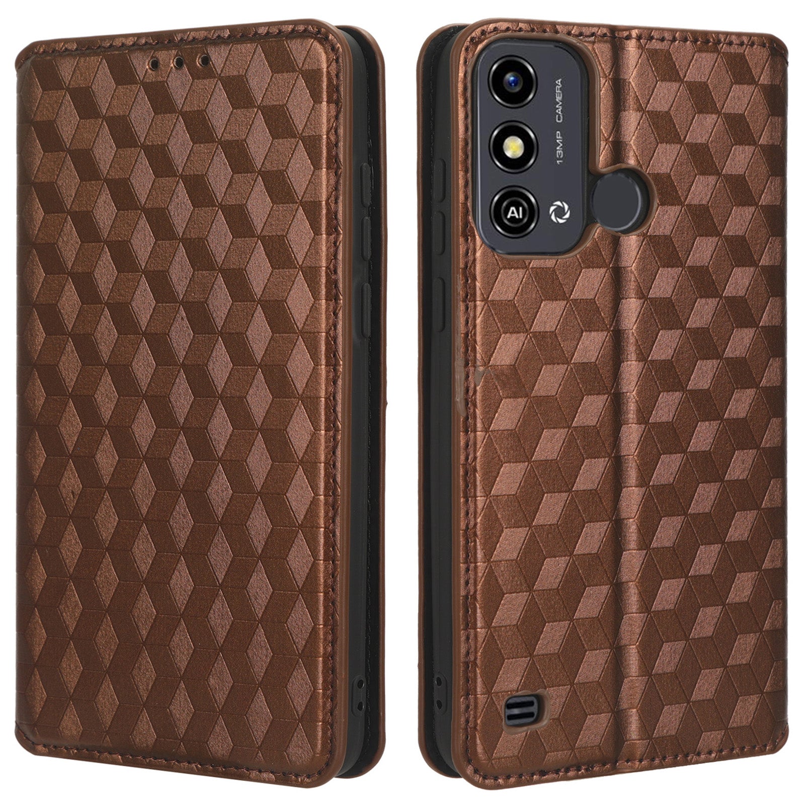 For ZTE Blade A53 / A53+ Rhombus Imprinted Shell PU Leather Stand Case Drop Resistant Phone Cover