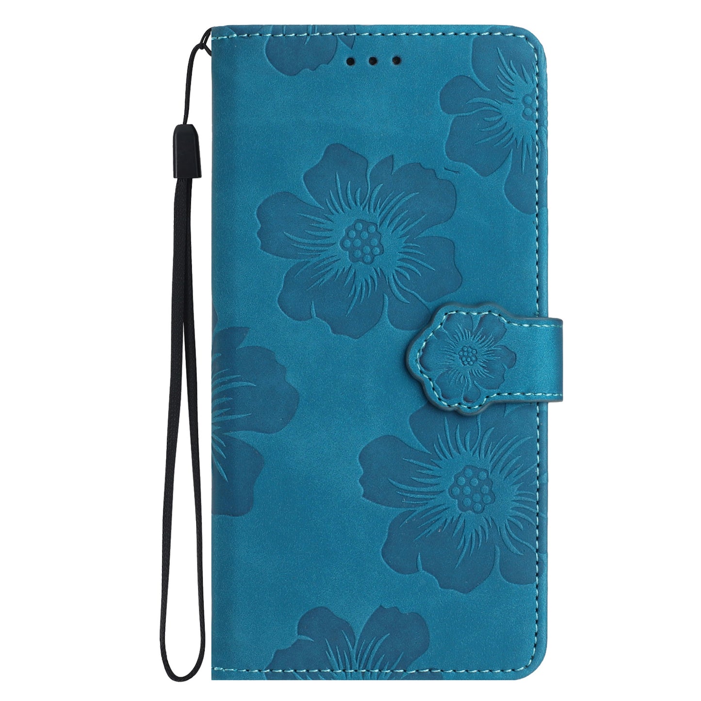 For iPhone 14 Pro Imprinted Flower Pattern Phone Case PU Leather Flip Stand Wallet Cover Shell with Strap