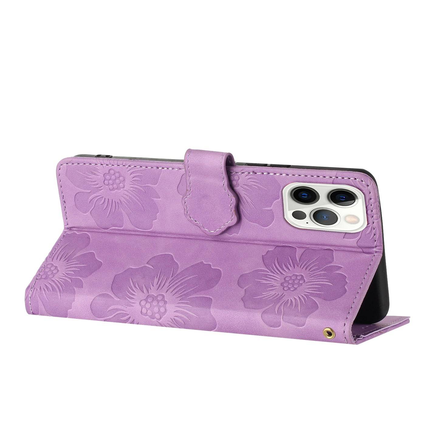 For iPhone 14 Pro Imprinted Flower Pattern Phone Case PU Leather Flip Stand Wallet Cover Shell with Strap